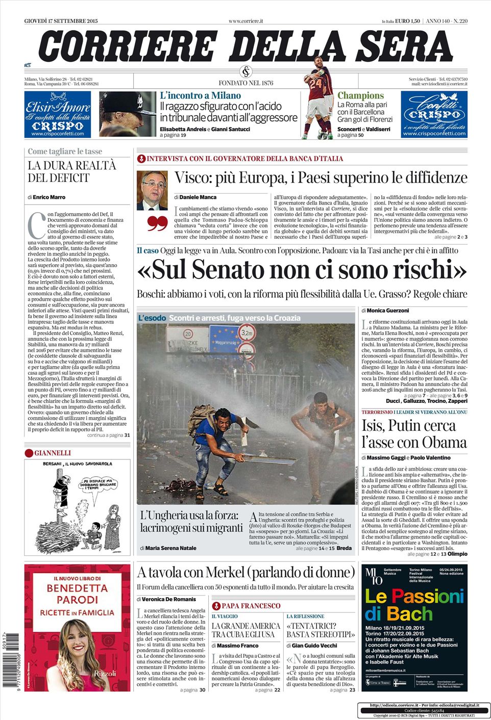 Le prime pagine dei quotidiani che sono in edicola oggi 17 settembre 2015 Secolo d'Italia