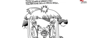 Vauro da voltastomaco: è polemica sulla vignetta col presepe gay