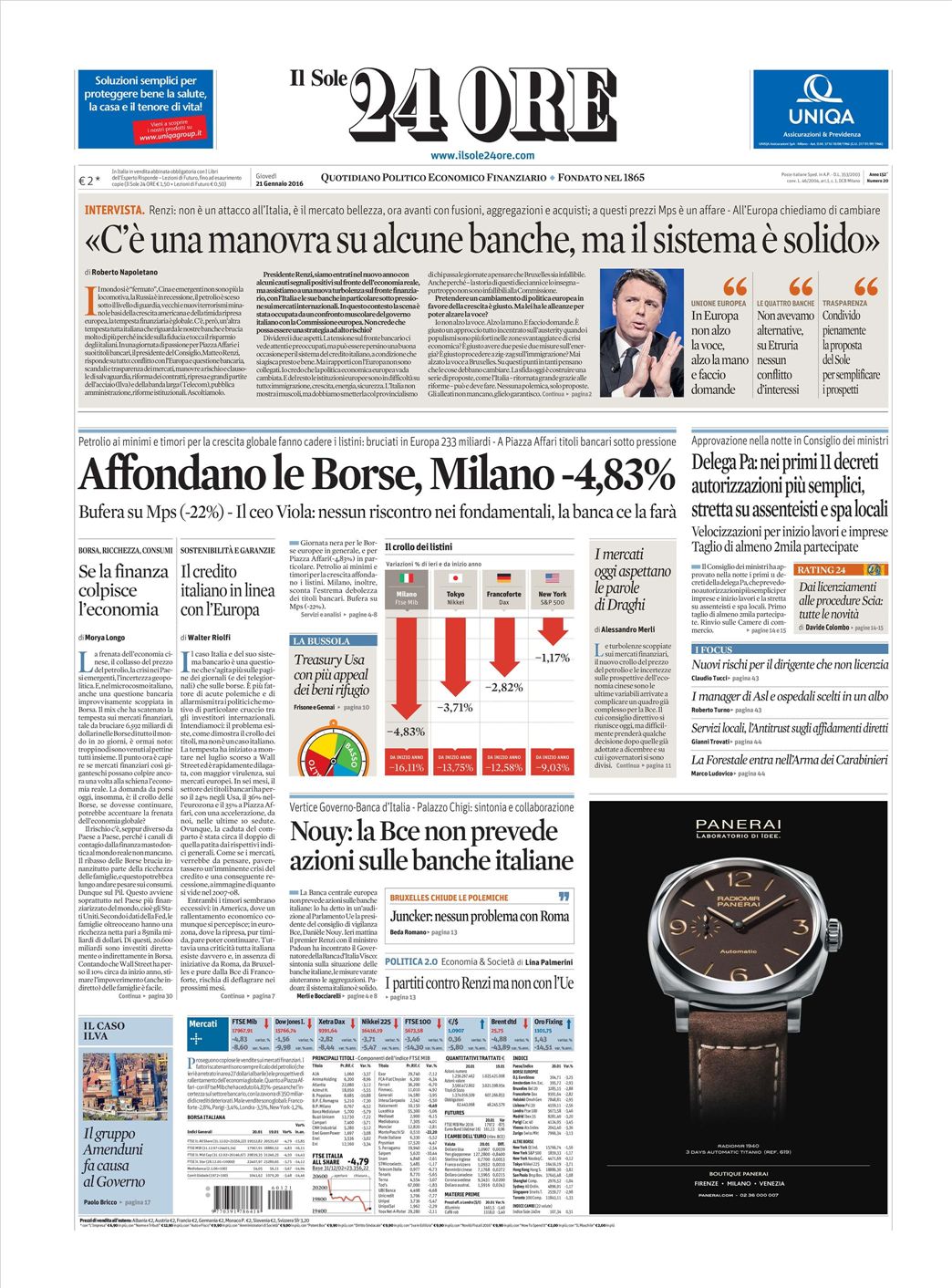 Le prime pagine dei quotidiani che sono in edicola oggi 21 gennaio 2016 Secolo d'Italia