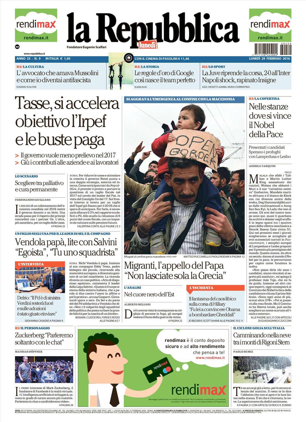 Le prime pagine dei quotidiani che sono in edicola oggi 29 febbraio