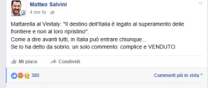 “Sui migranti Mattarella è complice e venduto”. Bufera sulle parole di Salvini