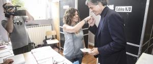Il baciamano di Alfio Marchini alle donne del seggio