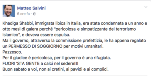 Il post di Matteo Salvini contro la decisione del Viminale