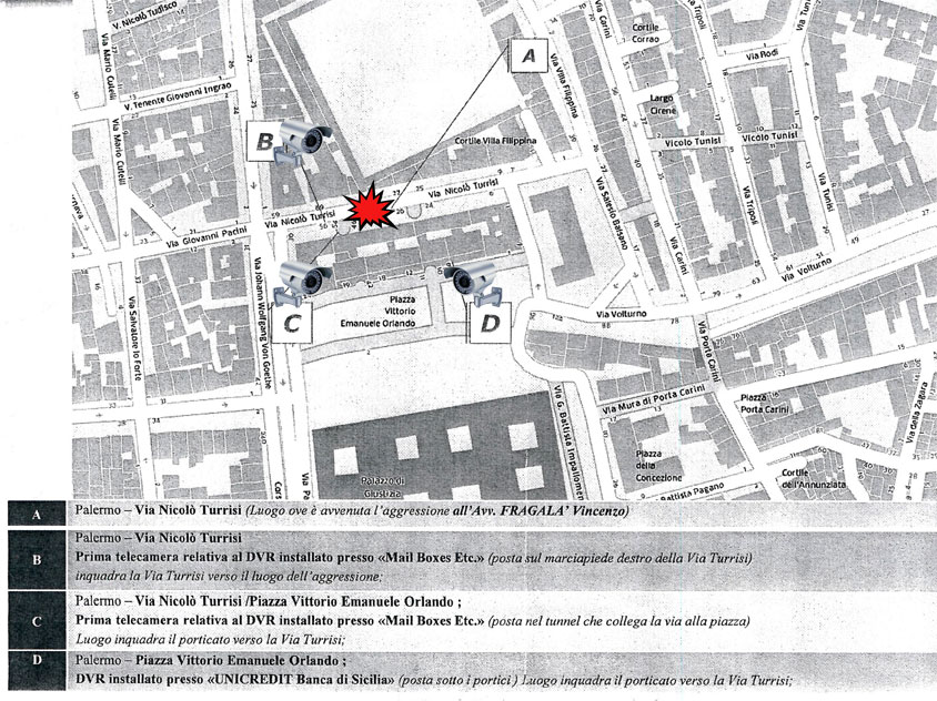 La mappa del luogo dell'omicidio Fragalà e le telecamere della zona