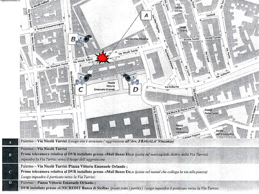 La mappa ricostruita dai carabinieri di Palermo con la posizione delle telecamere che ripresero testimoni e killer del commando mafioso