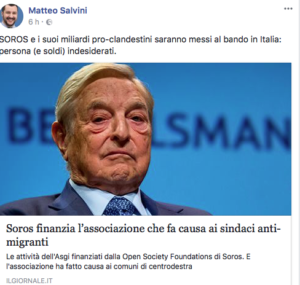 Salvini su Fb contro Soros