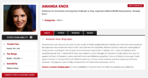 Il tariffario di Amanda Knox, pubblicato sul sito che promuove le sue conferenze