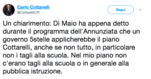 Il tweet di Cottarelli che sbugiarda Di Maio