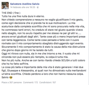 Il tragico post di Salvatore