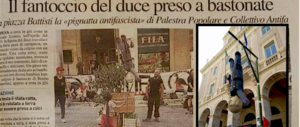 Il vergognoso gioco per bambini degli “antifà”: bastonare Mussolini a testa in giù