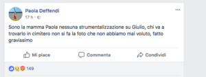 Il post su Fb della mamma di Giulio