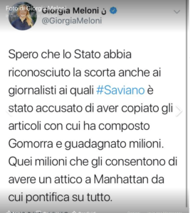 Il tweet di Meloni contro Saviano