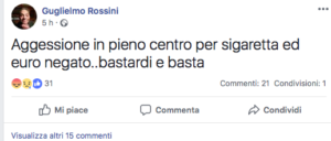 Il post su Facebook di Guglielmo Rossini