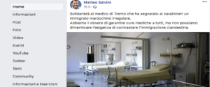 In un post su Facebook la solidarietà di Salvini al medico di Trento