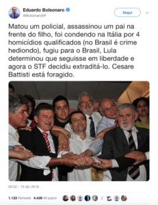 Tweet di Eduardo Bolsonaro su Battisti