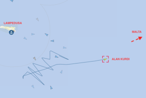 La traccia della navigazione della Alan Kurdi che, dopo aver tentato di entrare nelle acque territoriali italiane a Lampedusa, lascia l'area diretta verso Malta