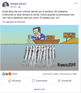 Meloni su Prodi e le sardine