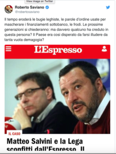 Saviano e il tweet su Salvini