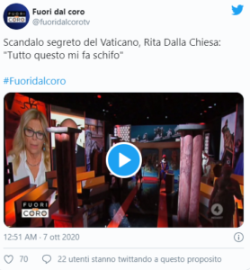 Tweet di Rita dalla Chiesa contro il Vaticano da Twitter