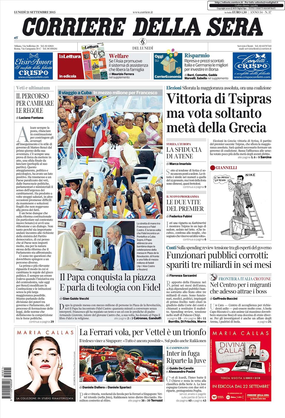 Le prime pagine dei quotidiani che sono in edicola oggi 21 settembre 2015 Secolo d'Italia
