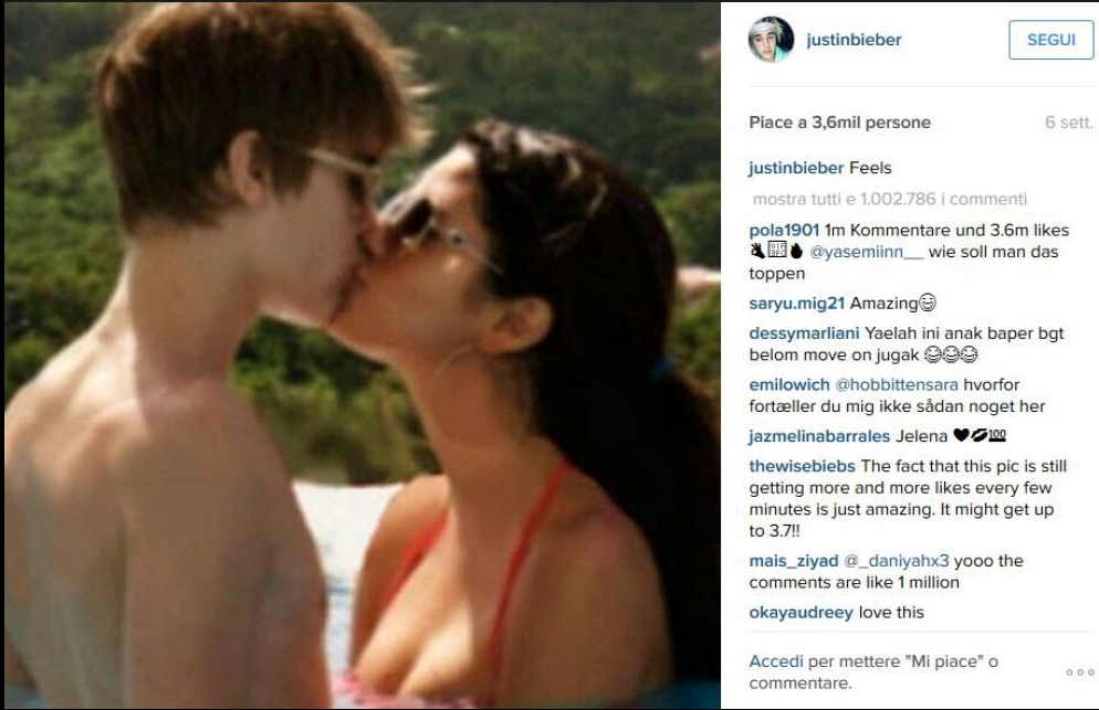 I due protagonisti dello scatto dei record sono Justin Bieber e Selena Gomez, entrambi cantanti. (Foto Instagram)