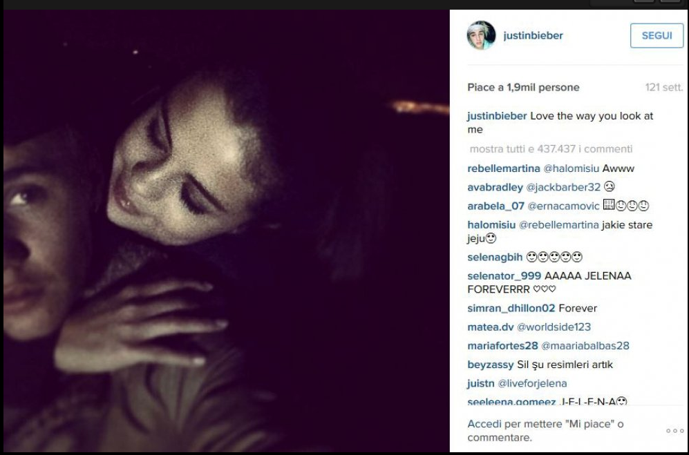 I due protagonisti dello scatto dei record sono Justin Bieber e Selena Gomez, entrambi cantanti. (Foto Instagram)