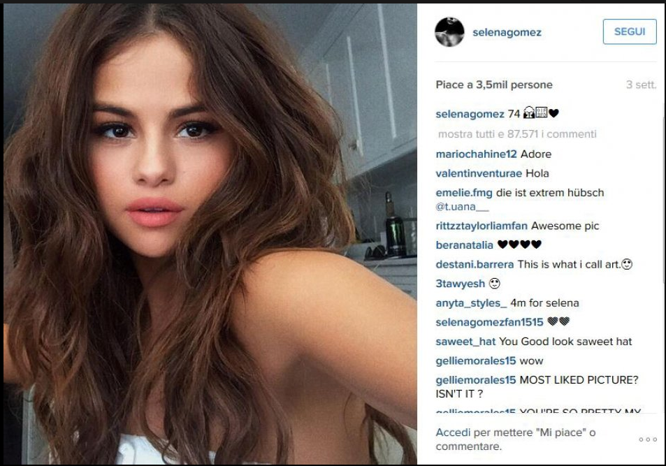 I due protagonisti dello scatto dei record sono Justin Bieber e Selena Gomez, entrambi cantanti. (Foto Instagram)