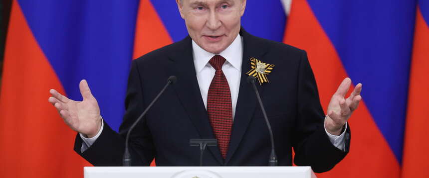 epa12944394 Russian President Vladimir Putin gestures speaking with media following his meeting with foreign delegations at the Kremlin in Moscow, Russia, 09 May 2026. Russia marks the 81 st anniversary of its victory over Nazi Germany and its allies in World War II.  EPA/MAXIM SHIPENKOV / POOL