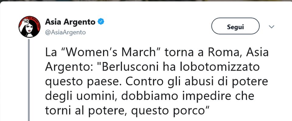 Asia Argento sempre peggio, in piazza contro Berlusconi: «E’ un porco»