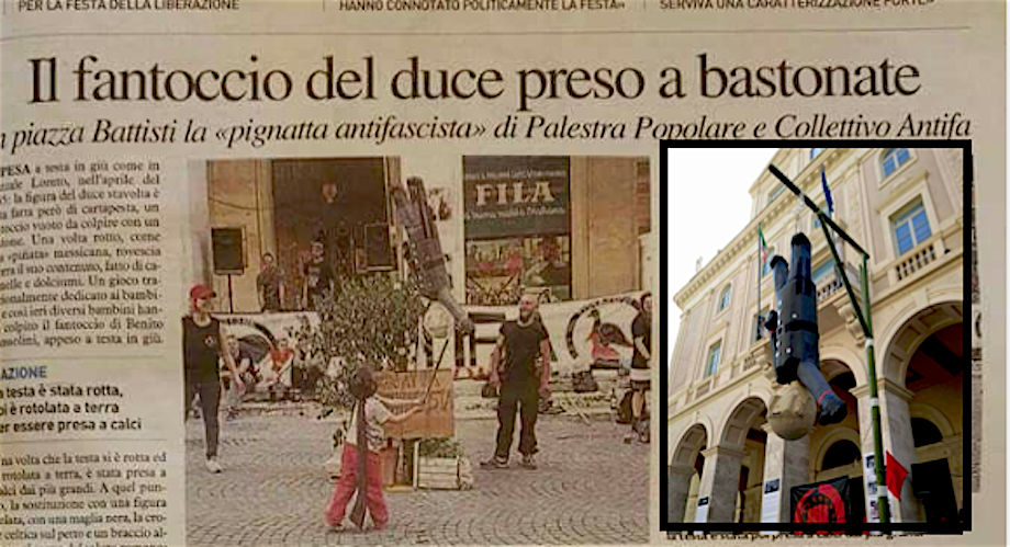 Il vergognoso gioco per bambini degli “antifà”: bastonare Mussolini a testa in giù