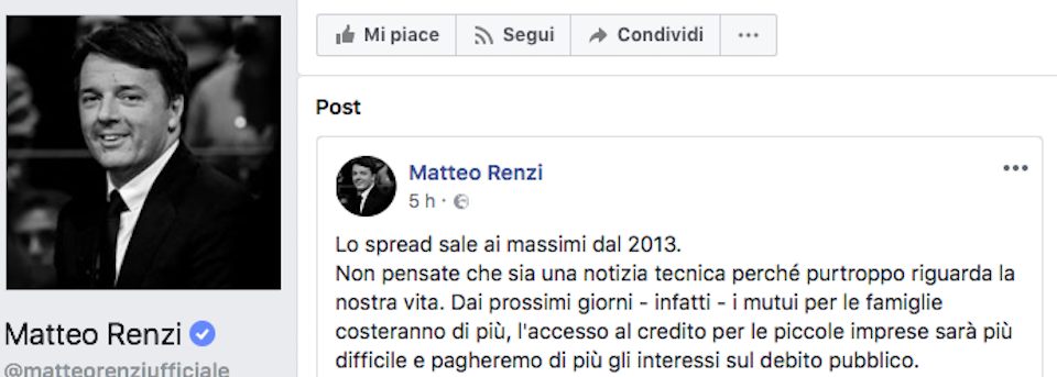 Renzi tifa per lo spread: aumenteranno i mutui. Un commento lo fulmina: non hai capito niente Renzi tifa per lo spread: aumenteranno i mutui. Un commento lo fulmina: non hai capito niente