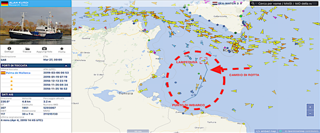 La posizione della Alan Kurdi, la nave della Ong Sea Eye che sta dirigendo verso Lampedusa dopo aver cambiato rotta