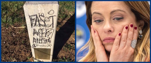 foto Ansa della Meloni e scatto della lapide vandalizzata presa dalla pagina Facebook di Giorgia Meloni