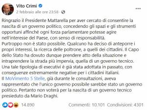 Il post di Crimi M5s contro Draghi