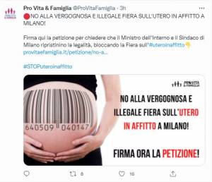 la petizione di Prov vita e famiglia contro la fiera dell'utero in affitto (da Twitter)