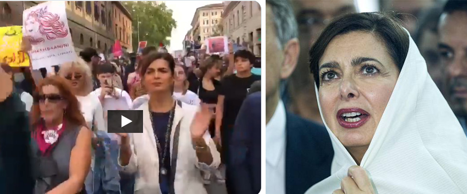 La gaffe della Boldrini tornata in piazza dopo la cacciata da parte delle femministe: protesta per le iraniane e spunta la sua foto col velo