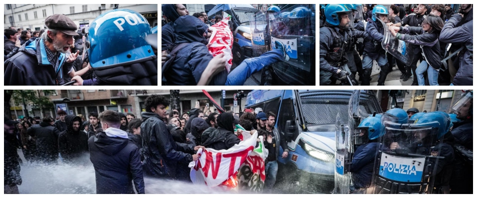 Assalti bestiali dei centri sociali al G7 di Torino: la polizia respinge i teppisti con scudi e idranti (video)