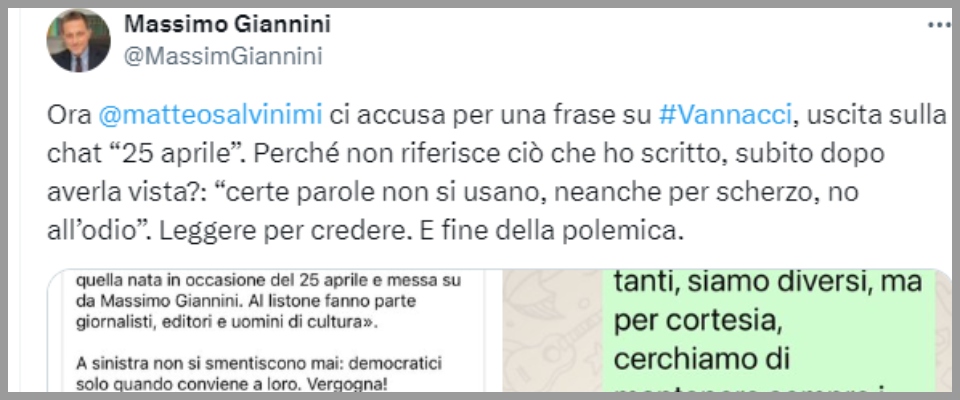 Minacce a Vannacci nella chat antifascista di Giannini. Lui cerca di chiudere il caso. Ma riceve solo critiche sul web