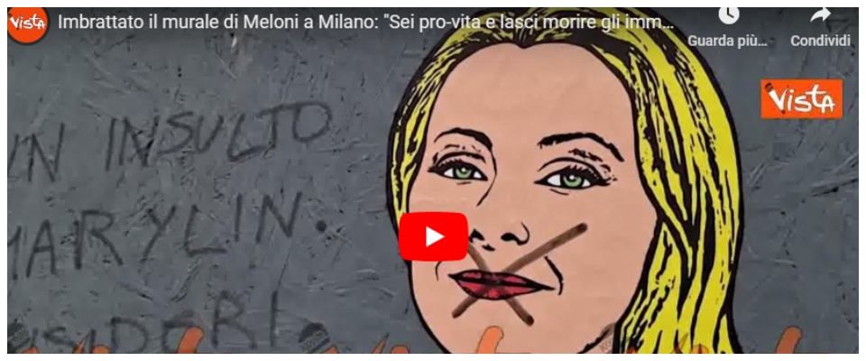 Il murale di Milano (Giorgia Meloni come Marylin) sfregiato dopo un giorno. FdI: “Soliti seminatori d’odio”