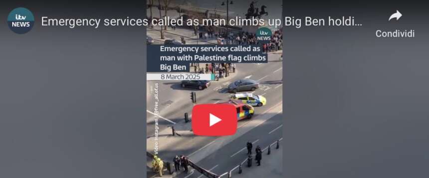 Scala il Big Ben con la bandiera della Palestina: le immagini dell’attivista diventano virali sui social Scala il Big Ben con la bandiera della Palestina: le immagini dell’attivista diventano virali sui social
