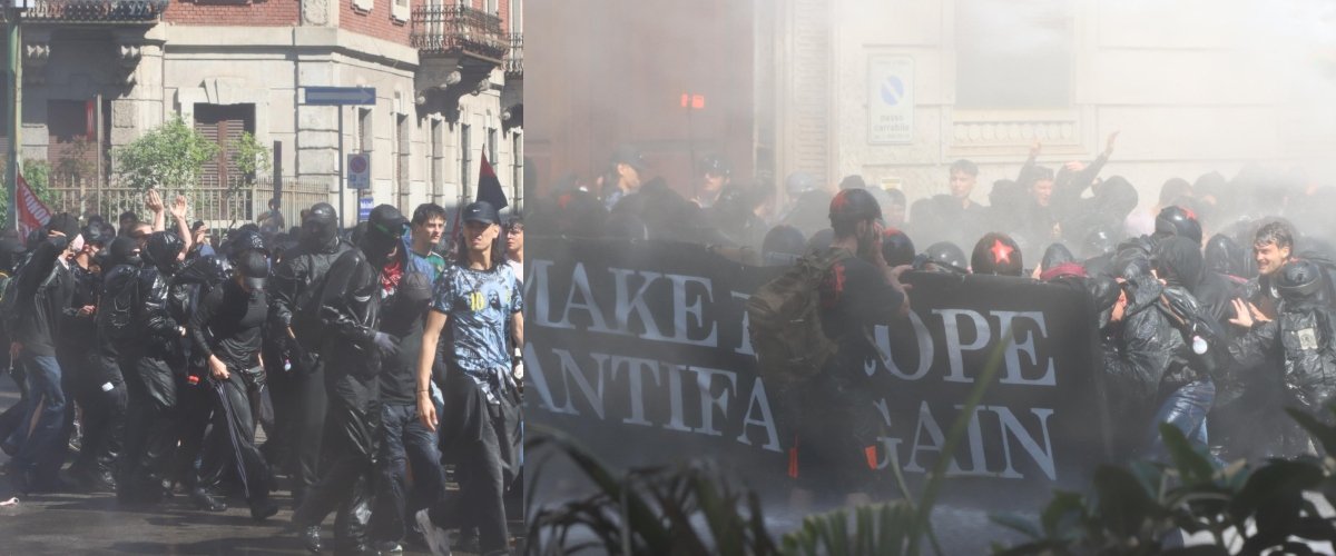 scontri a milano la solita vergogna rossa al corteo contro il remigration summit petardi e bottiglie contro gli agenti video