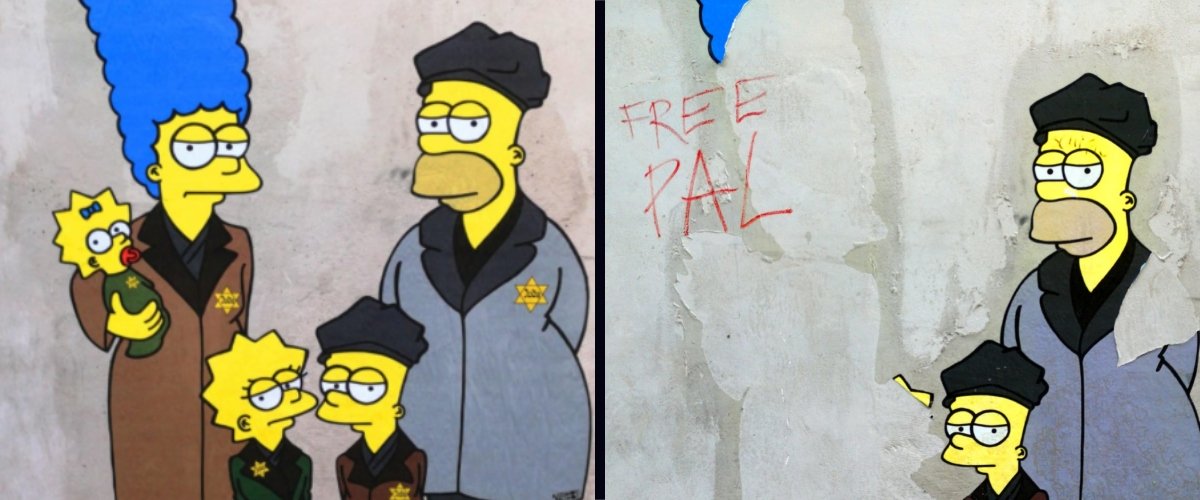 Sfregio Pro Pal a Milano: deturpato il murale della Shoah. Scritte e vernice rosso sangue sull’opera pop coi Simpson ad Auschwitz Sfregio Pro Pal a Milano: deturpato il murale della Shoah. Scritte e vernice rosso sangue sull’opera pop coi Simpson ad Auschwitz