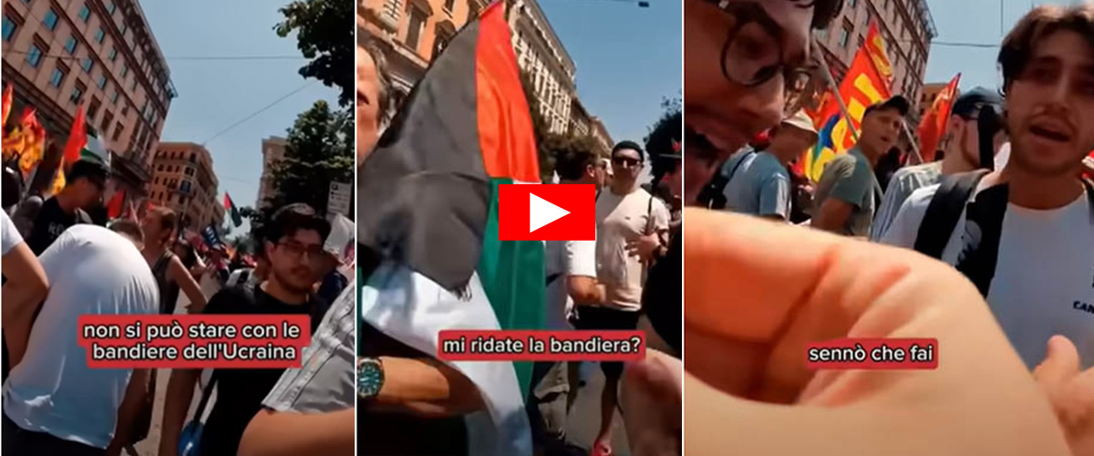 Il video della vergogna: i pro Pal in corteo vietano e rubano la bandiera ucraina. A sinistra i bimbi di Kiev valgono meno di quelli di Gaza Il video della vergogna: i pro Pal in corteo vietano e rubano la bandiera ucraina. A sinistra i bimbi di Kiev valgono meno di quelli di Gaza