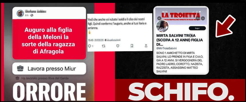 Dalla sinistra che odia minacce anche ai figli di Salvini e Piantedosi. L’ira della Meloni: “Fanatismo ideologico” Dalla sinistra che odia minacce anche ai figli di Salvini e Piantedosi. L’ira della Meloni: “Fanatismo ideologico”