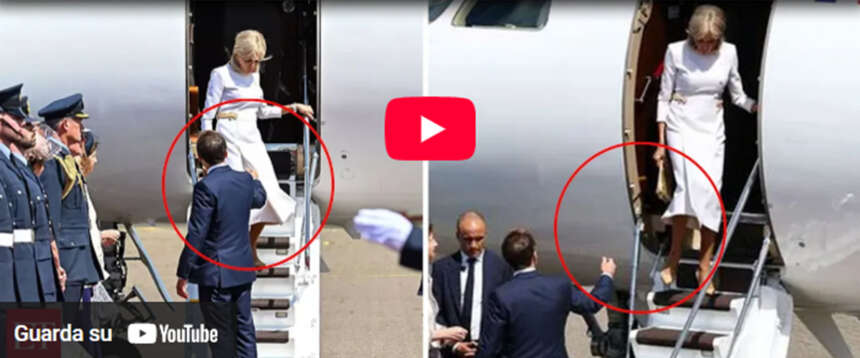 Macron umiliato di nuovo dalla moglie Brigitte: dopo lo schiaffo, la mano negata sulla scaletta dell’aereo (video) Macron umiliato di nuovo dalla moglie Brigitte: dopo lo schiaffo, la mano negata sulla scaletta dell’aereo (video)