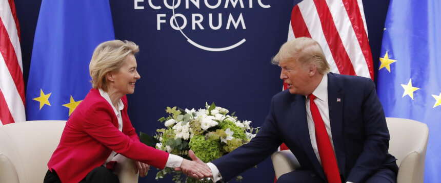 epa08148103 A handout photo made available by the EU Commission shows European Commission President Ursula von der Leyen (L) meeting US President Donald Trump during the annual meeting of the World Economic Forum 2020 in Davos, Switzerland, 21 January 2020. The meeting brings together entrepreneurs, scientists, corporate and political leaders in Davos from January 21 to 24. EPA/STEFAN WERMUTH HANDOUT HANDOUT EDITORIAL USE ONLY/NO SALES epa08148103 A handout photo made available by the EU Commission shows European Commission President Ursula von der Leyen (L) meeting US President Donald Trump during the annual meeting of the World Economic Forum 2020 in Davos, Switzerland, 21 January 2020. The meeting brings together entrepreneurs, scientists, corporate and political leaders in Davos from January 21 to 24. EPA/STEFAN WERMUTH HANDOUT HANDOUT EDITORIAL USE ONLY/NO SALES