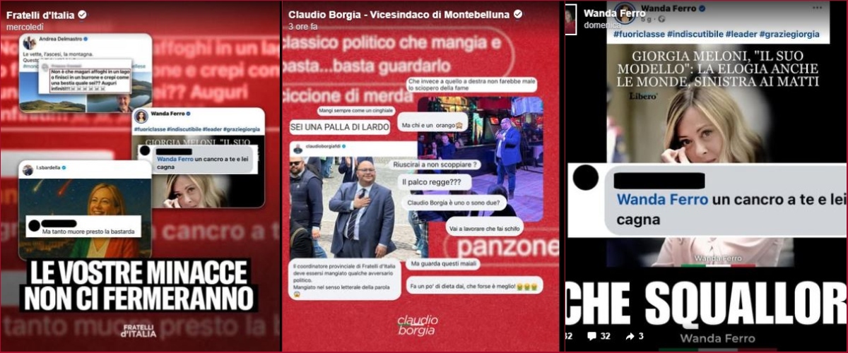 L’odio non va in vacanza: FdI pubblica gli ultimi insulti beceri dalla sinistra in un collage della vergogna che grida vendetta