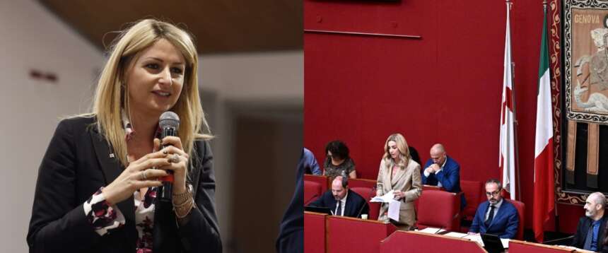 La consigliera di FdI a Genova, Alessandra Bianchi. Nell’altra foto, il sindaco Silvia Salis