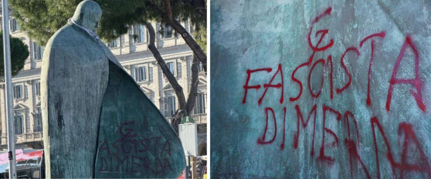 L’antipasto del corteo “pacifista” pro Gaza? Imbrattata con falce e martello la statua di Papa Wojtyla a Roma: “Fascista di m…”