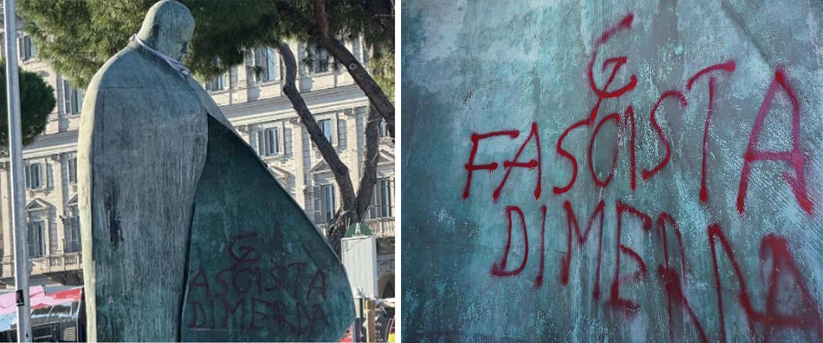 L’antipasto del corteo “pacifista” pro Gaza? Imbrattata con falce e martello la statua di Papa Wojtyla a Roma: “Fascista di m…”